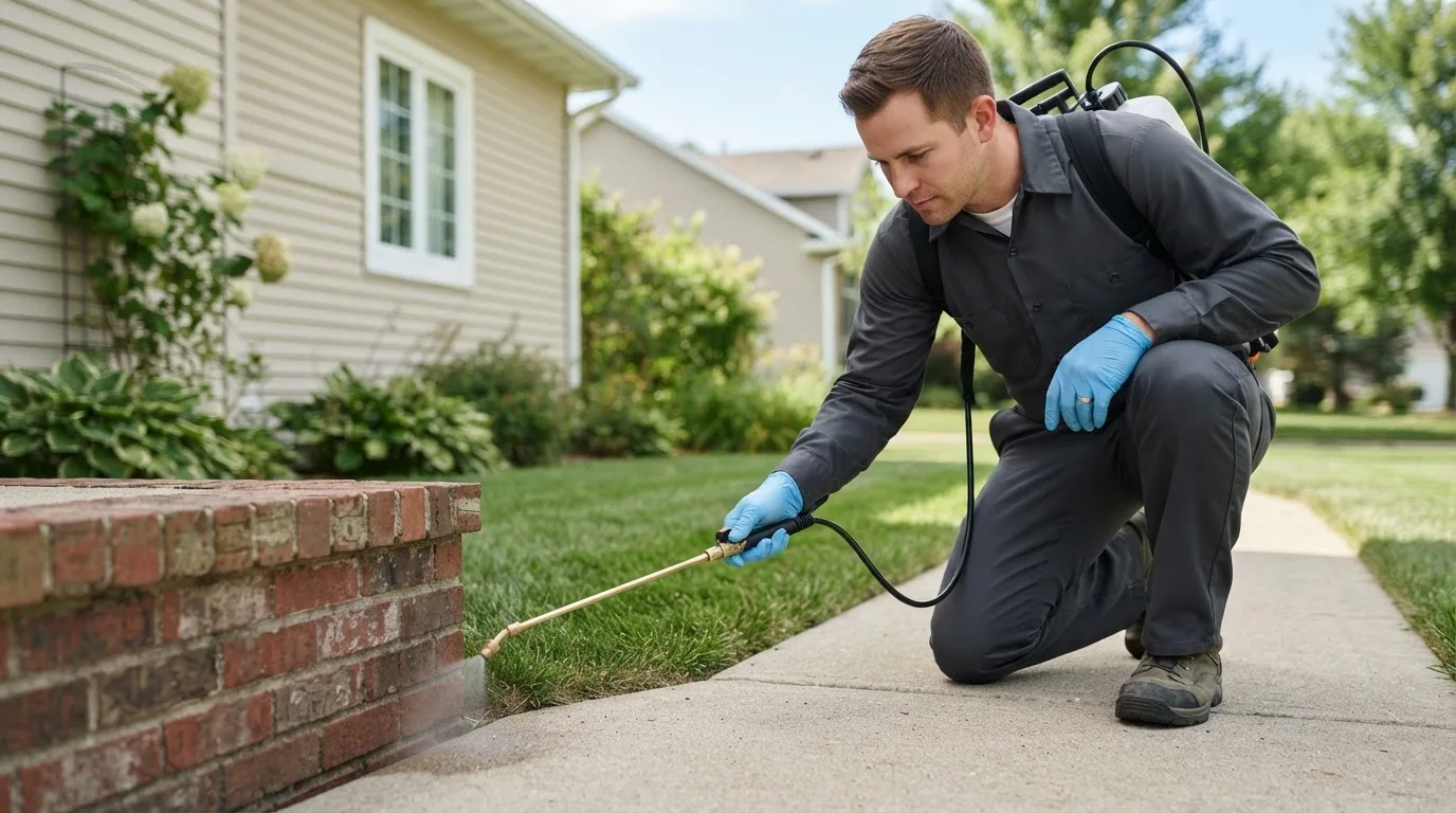 Pest control technician treating a home near Rockaway Beach, MO